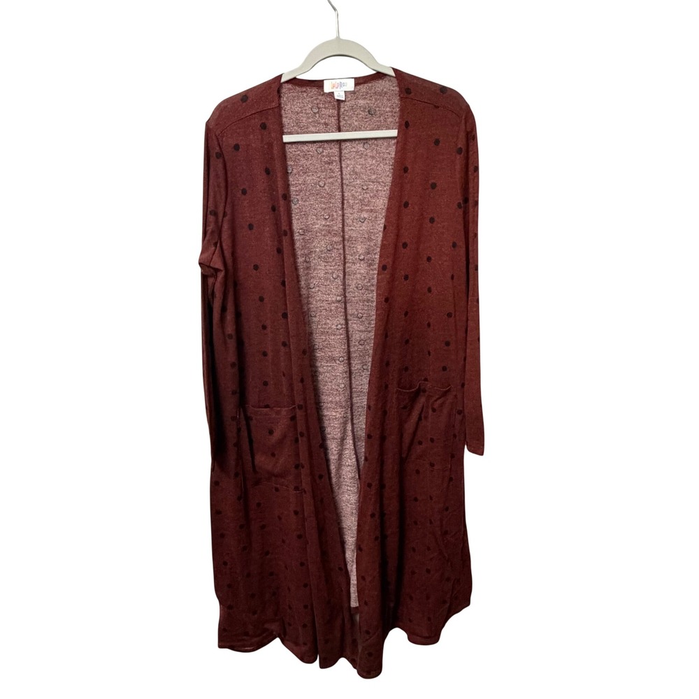 LuLaRoe Sarah Duster Cardigan Womens Large Burgundy Polka Dot Open Front Pocket